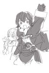  2girls batoson54 cake cake_slice fire_emblem fire_emblem_awakening food fork greyscale holding holding_fork hood hood_down hooded_jacket jacket lucina_(fire_emblem) monochrome morgan_(female)_(fire_emblem) morgan_(fire_emblem) multiple_girls smile waving 