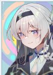  1girl absurdres artist_name black_hairband black_jacket black_outline blue_pupils border closed_mouth firefly_(honkai:_star_rail) gradient_eyes grey_border grey_hair grey_shirt hair_between_eyes hair_ornament hairband highres honkai:_star_rail honkai_(series) jacket long_hair looking_ahead multicolored_eyes outline patatatan portrait purple_eyes shirt sidelocks smile solo 