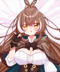 1girl :o ahoge bed_sheet breasts brown_capelet brown_cloak brown_corset brown_hair cape capelet cleavage_cutout cloak clothing_cutout corset feather_hair_ornament feathers gloves hair_ornament hairclip hand_up hieroglyphics hololive hololive_english long_hair looking_at_viewer medium_breasts multicolored_hair nanashi_mumei nanashi_mumei_(1st_costume) on_bed open_mouth partially_fingerless_gloves ponytail ribbon rirumato shirt streaked_hair very_long_hair virtual_youtuber white_shirt yellow_eyes 