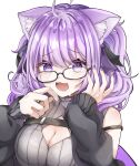  1girl @_@ absurdres ahoge alternate_costume animal_ear_fluff animal_ears bare_shoulders blush breasts cat_ears cat_girl cleavage cleavage_cutout close-up clothing_cutout glasses grey_shirt hair_ribbon highres hololive large_breasts nekomata_okayu_(8th_costume) off_shoulder open_mouth purple_eyes purple_hair purple_nails raina_(raina_games) ribbon shirt sleeveless sleeveless_shirt solo twintails white_background 