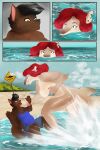 alexandria_(themajesticvalkyrie) anthro beach big_breasts big_tail breasts detailed_background duo female glistening glistening_body hi_res hybrid male male/female nude scared sea sign sunzopunzo swimming tail thick_thighs water wolf_shark