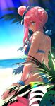  1girl alternate_costume ass bangs beach bikini blue_bikini blue_eyes blurry blush breasts commentary_request day e-co earrings eyelashes foliage highres jewelry looking_at_viewer looking_back outdoors parted_lips pink_hair pokemon pokemon_(game) pokemon_bw sand scrunchie shore skyla_(pokemon) solo swimsuit water wrist_scrunchie 