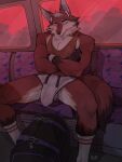 anthro balls barely_visible_balls barely_visible_genitalia bottomwear bulge canid clothing crossed_arms evvi genitals hotpants male mammal public_transportation shorts sitting sleeping solo