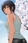  1girl ass black_hair blue_sky bob_cut breasts cherry_blossoms closed_mouth cloud cloudy_sky commentary_request dark_skin flower from_behind hashi looking_at_viewer medium_breasts one-piece_tan original pink_flower short_bangs short_hair simple_background sky smile solo standing tan tanlines tomboy yellow_eyes 