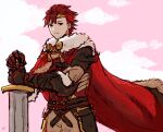  1boy armor asymmetrical_armor buster_sword cape diamant_(fire_emblem) dolly_deer fire_emblem fire_emblem_engage floating_cape holding holding_sword holding_weapon red_cape red_eyes red_hair shoulder_armor solo sword upper_body weapon 