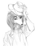 anthro canid canine clothed clothing female fully_clothed fur graphite_(artwork) greyscale hair hat hat_tip headgear headwear looking_at_viewer mammal marudi monochrome pencil_(artwork) simple_background sketch smile solo traditional_media_(artwork) white_background
