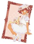  1boy ash_ketchum black_hair bobby_socks bonnet bow commentary crossdressing dress english_commentary footwear_bow full_body malan male_focus picture_frame pikachu pokemon pokemon_(creature) shoes short_sleeves smile socks spiked_hair tan thick_eyebrows 