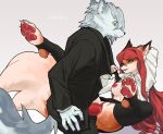 2023 anthro areola assertive_female canid canine canis clitoral_hood clitoris clothed clothed_sex clothing digital_media_(artwork) dipstick_tail dress_shirt duo erection female fluffy fluffy_tail fox fur genitals green_eyes grey_body grey_fur hair hand_behind_head hi_res long_hair lying male male/female mammal markings miskaris228 nipples no_underwear on_back open_clothing open_shirt open_topwear orange_body orange_fur pawpads paws penetration penis pivoted_ears pussy red_hair sex shirt shirt_grab signature simple_background smile spread_legs spreading table_lotus_position tail tail_markings toeless_legwear toeless_stockings topwear upskirt upskirt_sex vaginal vaginal_penetration wolf yellow_eyes
