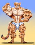 abs anthro barefoot biceps big_muscles bulge claws clothing feet felid feline flexing flexing_bicep fur green_eyes heart_clothing heart_symbol heart_underwear hi_res huge_muscles male mammal muscular muscular_anthro muscular_male pantherine pecs remmy_(colt_wolf) simple_background smile solo striped_body striped_fur stripes taiko-sihori tail tiger underwear vein veiny_muscles
