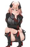  1girl :d amamiya_akira arm_on_knee arm_support arm_under_breasts armored_boots ass azur_lane black_jacket black_panties black_skirt blonde_hair blush boots breast_rest breasts collared_shirt commentary_request cross full_body grey_shirt grin hair_between_eyes hand_on_own_cheek hand_on_own_face head_rest headgear high_heel_boots high_heels iron_cross jacket knee_boots kneeling knees_together_feet_apart large_breasts leaning_forward long_sleeves looking_at_viewer medium_hair multicolored_hair open_clothes open_jacket panties parted_lips pleated_skirt red_hair roon_(azur_lane) shirt skirt smile solo streaked_hair thighs two-tone_hair underwear upskirt yellow_eyes 
