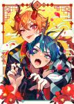  2boys ace_trappola ahoge bishounen blue_hair blue_nails checkered_clothes checkered_kimono chinese_new_year chinese_zodiac claw_pose deuce_spade dragon_boy dragon_horns eyelashes fangs flower green_eyes hair_between_eyes half-closed_eye highres horns hug hug_from_behind japanese_clothes kimono male_focus multiple_boys new_year onko open_mouth orange_hair red_eyes red_flower red_nails ringed_eyes short_hair tongue tongue_out twisted_wonderland upper_body year_of_the_dragon 