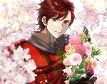  1boy absurdres bouquet cape collared_cloak diamant_(fire_emblem) fire_emblem fire_emblem_engage flower high_collar highres holding holding_bouquet kakiko210 male_focus pink_flower red_cape red_flower red_hair 