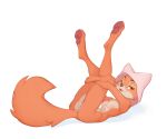 absurd_res anthro breasts canid canine female fox genitals hi_res holding_both_legs legs_up looking_at_viewer lying maid_marian mammal markings nipples on_back paws pussy simple_background solo tail tail_markings vistamage white_background