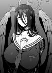  1girl amano_don black_choker blue_archive blush breasts choker feathered_wings halo hasumi_(blue_archive) highres large_breasts long_hair long_sleeves looking_at_viewer mole mole_under_eye monochrome parted_lips sailor_collar shirt solo upper_body wings 