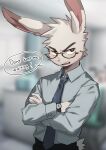  1boy absurdres animal_ears blurry blurry_background commentary crossed_arms english_commentary english_text furry glasses highres long_sleeves male_focus necktie open_mouth original rabbit_ears solo standing suit taro_bandit teeth thick_eyebrows upper_body watch white_hair wristwatch 