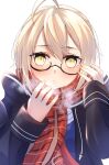  1girl ahoge artoria_pendragon_(fate) black-framed_eyewear blonde_hair blush coat fate/grand_order fate_(series) glasses hair_between_eyes highres jacket looking_at_viewer mysterious_heroine_x_alter_(fate) mysterious_heroine_x_alter_(first_ascension)_(fate) plaid plaid_scarf red_scarf scarf school_uniform semi-rimless_eyewear skirt solo umi_endu under-rim_eyewear yellow_eyes 