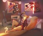  anthro barefoot bed bedroom bird_dog canid canine canis claws clothed clothing detailed_background domestic_dog eyewear feet furniture glasses golden_retriever guitar hi_res hunting_dog looking_at_object looking_at_phone male mammal max_fluffy music musical_instrument on_bed pajamas partially_clothed pawpads paws pendazella_(artist) phone plucked_string_instrument retriever shirt sitting solo string_instrument topwear underwear 