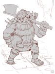  1boy absurdres axe beard carrying carrying_under_arm dungeon dungeon_meshi dwarf facial_hair fake_horns full_body gaozme greyscale helmet highres holding holding_axe horned_helmet horns legs_apart long_beard looking_ahead male_focus monochrome over_shoulder senshi_(dungeon_meshi) slime_(substance) solo standing thick_mustache unfinished very_long_beard weapon weapon_over_shoulder 