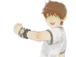  1boy :d ben_10 ben_tennyson brown_hair child commentary from_side green_eyes highres looking_at_viewer looking_back male_focus mixed-language_commentary omnitrix open_mouth shirt short_hair short_sleeves simple_background smile solo teeth thekidroxas upper_body white_background white_shirt 