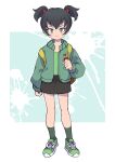  1girl backpack bag black_hair black_skirt blush_stickers full_body green_eyes green_footwear green_jacket green_shirt green_socks hair_ornament highres jacket light_smile looking_at_viewer miniskirt odd_taxi omochiutyu open_clothes open_jacket red_pupils shirt shoes short_twintails simple_background skirt sneakers socks solo splatter twintails wadagaki_sakura yellow_bag 