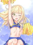  1girl aohashi_ame blonde_hair blue_background blush breasts cheerleader heart long_hair looking_at_viewer midriff miniskirt navel one_eye_closed open_mouth perrine_h._clostermann pom_pom_(cheerleading) simple_background skirt small_breasts smile solo strike_witches world_witches_series yellow_eyes 