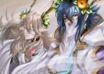 1boy 1girl absurdres blue_hair closed_mouth covered_mouth feh_xeri fire_emblem fire_emblem_heroes flower gradient_hair hair_between_eyes hair_flower hair_ornament highres horns leaf_hair_ornament lif_(fire_emblem) long_hair looking_at_viewer mouth_veil multicolored_hair official_alternate_costume red_eyes see-through silver_hair smile thrasir_(fire_emblem) upper_body veil white_robe yellow_flower 