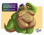 2024 alligator alligatorid anthro belly big_belly brok_(brok_the_investigator) brok_the_investigator burger clothing crocodilian dialogue english_text food green_body hat headgear headwear male moobs nipples non-mammal_nipples obese obese_male overweight overweight_male reptile scalie simple_background solo tail text voxlikescox
