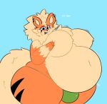 anthro arcanine band-aid bandage belly big_belly big_breasts blush breasts bulge canid canine clothed clothing english_text eyelashes featureless_breasts female fur generation_1_pokemon hair herm hi_res intersex looking_at_viewer mammal navel nintendo orange_body overweight overweight_anthro pokemon pokemon_(species) simple_background smile solo swallowpancakes tail text thick_thighs underwear wide_hips