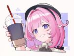  1girl bare_shoulders black_hat blue_eyes blush commentary cup disposable_cup drinking_straw elysia_(honkai_impact) hair_intakes hand_up head_tilt highres holding holding_cup honkai_(series) honkai_impact_3rd looking_at_viewer marimo_jh pink_hair pointy_ears shirt sleeveless sleeveless_shirt smile solo upper_body white_shirt 