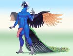 absurd_res avian balls big_balls bird blue_body blue_fur cane emmett_stone fur galliform genitals hi_res humanoid_genitalia humanoid_penis male nude peafowl penis phasianid revadiehard solo spread_wings wings