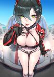  1girl azur_lane black_hair blue_sky breasts car cleavage ear_piercing finger_to_tongue hair_between_eyes hair_ornament highres jacket large_breasts looking_at_viewer medium_hair midriff motor_vehicle navel navel_piercing open_clothes open_jacket piercing race_queen signature sitting_on_car sky spikes strap take_yaki thighs tongue tongue_out tongue_piercing ulrich_von_hutten_(azur_lane) ulrich_von_hutten_(ignition_matrician)_(azur_lane) yellow_eyes 