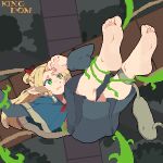  1girl absurdres arms_up artist_name barefoot blonde_hair blue_capelet blue_dress bound bow braided_sidelock capelet dress dungeon_meshi eyelashes feet foot_focus full_body green_eyes grey_background hair_bow highres kingdom_(user_ysav4824) marcille_donato midair open_mouth parted_bangs pixel_art plant pointy_ears red_bow restrained sidelocks soles solo toes vines 