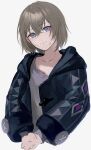  1boy aged_down anna_(drw01) aventurine_(honkai:_star_rail) blonde_hair closed_mouth hair_between_eyes highres honkai:_star_rail honkai_(series) hood hood_down hoodie long_sleeves looking_at_viewer male_focus multicolored_eyes shirt short_hair simple_background solo torn_clothes torn_shirt two-tone_eyes upper_body white_background 