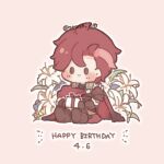  1boy box cape chibi dated diamant_(fire_emblem) fire_emblem fire_emblem_engage gift gift_box happy_birthday holding holding_gift male_focus red_cape red_eyes red_hair sesese_3110 solo twitter_username 