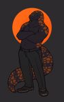 abstract_background anders_(daxlmonitor) anthro bottomwear clothed clothing crossed_arms daxlmonitor footwear gila_monster helodermatid hi_res lizard male muscular pants partially_clothed reptile scalie shoes smile solo tail thick_tail