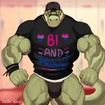 5_fingers absurd_res anthro biceps biped bisexual_pride_colors bulge clothed clothing darknaigart dinosaur english_text fingers green_body hi_res jace_(darknaig) lgbt_pride male muscular muscular_anthro muscular_male pride_colors reptile scalie shirt solo tail text text_on_clothing text_on_shirt text_on_topwear theropod topwear tyrannosaurid tyrannosauroid tyrannosaurus tyrannosaurus_rex