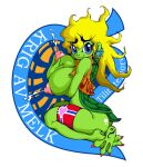 anthro areola big_breasts biped bodily_fluids breasts female hair huge_breasts kneeling lactating looking_at_viewer marudi milk nipples non-mammal_breasts norwegian_flag norwegian_text projectile_lactation reptile scalie smile solo text turtle