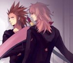  2boys axel_(kingdom_hearts) black_coat black_coat_(kingdom_hearts) coat commentary_request crossed_arms facial_mark falling_petals green_eyes hair_slicked_back holding holding_scythe hood hood_down hooded_coat indoors kingdom_hearts kingdom_hearts_chain_of_memories long_hair long_sleeves looking_at_another looking_to_the_side male_focus marluxia minatoya_mozuku multiple_boys petals pink_hair red_hair scythe smirk spiked_hair upper_body 