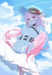  1girl alternate_costume blue_sky blush breasts clothes_lift cloud contrail cowboy_shot dress dress_lift gleam hat highres hololive hololive_english large_breasts long_hair looking_at_viewer mori_calliope open_mouth pink_eyes pink_hair sky sun_hat very_long_hair virtual_youtuber white_dress white_nails yufu 