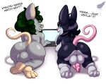 afro anthro balls belly big_balls big_butt big_ears black_hair blue_eyes bodily_fluids breasts butt computer crossed_legs cum dessert_cum duo electronics facial_hair fennephilim_fox fluffy fluffy_hair fur genital_fluids genitals goatee green_eyes green_hair grey_body grey_fur gynomorph hair hi_res intersex lemonfaace lilithdog lilithdog_(nimmy) lying male mammal mouse murid murine nimmy nubbed_penis on_front open_mouth overweight paws penis rear_view rodent short_stack tail text unusual_bodily_fluids unusual_cum unusual_genital_fluids white_body white_fur