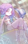  1girl absurdres agent_8_(splatoon) blue_hair bodysuit boots breasts closed_mouth colored_tips commentary_request covered_navel foot_out_of_frame highres holding holding_weapon indoors inkling long_hair multicolored_hair octoling_girl octoling_player_character order_slosher_(splatoon) purple_hair sitting sleeveless sleeveless_bodysuit small_breasts smile socks solo splatoon_(series) splatoon_3 splatoon_3:_side_order tako_maru_yeah tentacle_hair two-tone_hair weapon white_bodysuit white_footwear white_socks 