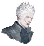  1boy blue_eyes cracked_skin devil_may_cry_(series) devil_may_cry_5 expressionless highres looking_at_viewer looking_to_the_side male_focus sgkg108 simple_background solo vergil_(devil_may_cry) white_hair 