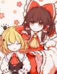  2girls ascot behind_another black_skirt black_vest blonde_hair bow brown_eyes brown_hair closed_eyes commentary_request detached_sleeves expressionless facing_viewer floral_background frilled_bow frilled_hair_tubes frills hair_bow hair_tubes hakurei_reimu highres holding_ofuda light_blush long_sleeves looking_at_another medium_hair multiple_girls ofuda open_mouth red_ascot red_bow red_shirt red_skirt ro.ro rumia sarashi shirt skirt sleeping sleeveless sleeveless_shirt touhou upper_body vest white_background white_shirt white_sleeves wide_sleeves yellow_ascot 