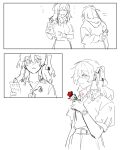  2girls bocchi_the_rock! closed_eyes closed_mouth collared_shirt commentary flower gotoh_hitori heart highres holding holding_flower hood hoodie kita_ikuyo long_hair multiple_girls one_side_up open_mouth parted_lips red_flower red_rose rose salt66666 shirt short_sleeves smile watch wristwatch yuri 