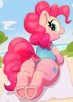 absurd_res beach beach_towel blue_eyes blush butt clothed clothed_feral clothing cutie_mark day earth_pony equid equine eyelashes female feral friendship_is_magic hair hasbro hi_res hooves horse long_hair mammal my_little_pony one-piece_swimsuit open_mouth outside pabbley pink_body pink_hair pink_tail pinkie_pie_(mlp) pony quadruped solo swimwear tail teeth towel