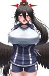  arms_behind_back black_choker black_hair blue_archive bouncing_breasts breasts choker collarbone doughnut feathered_wings food halo hasumi_(blue_archive) hasumi_(track)_(blue_archive) highres jacket large_breasts lazb. low_wings messy_hair open_clothes open_jacket open_mouth ponytail red_eyes red_halo short_shorts shorts straight-on sweat thigh_gap thighs white_background wings 