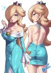  1girl aqua_dress artist_logo artist_name ass backless_outfit bare_shoulders blonde_hair breasts brooch cleavage collarbone crown dress earrings from_behind hair_over_one_eye highres jewelry large_breasts long_dress looking_at_viewer looking_back mario_(series) mini_crown multiple_views off-shoulder_dress off_shoulder pink_nails short_dress simple_background star_(symbol) star_brooch star_earrings toggy_keiichi white_background 