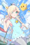  1girl aqua_eyes ayaka_00709 baseball_bat baseball_stadium blonde_hair blue_dress blue_sky blurry blurry_background blush breasts brooch cloud confetti crown dress grey_pantyhose highres holding holding_baseball_bat jewelry luma_(mario) mario_(series) medium_breasts mini_crown pantyhose rosalina short_dress sky sleeveless sleeveless_dress star_brooch 