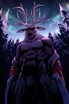  2:3 abs anthro antlers cervid cervine clothed clothing flaccid genitals hi_res horn male mammal muscular muscular_male penis pose solo standing temporalwolf 