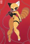  aggressive_retsuko ailurid anthro big_breasts bra breasts cleavage clothed clothing female fur grey_eyes hi_res holding_microphone holding_object lingerie looking_down mammal microphone mythruna panties red_background red_panda retsuko sanrio signature simple_background solo standing thick_thighs underwear wide_hips 